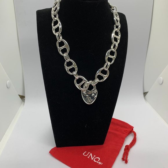 Uno de 50 Necklace Silver-plated Heavy Double Link Necklace Large Heart Lock - Picture 9 of 10